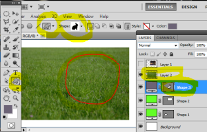 Using the Custom Shape Tool to draw a Rabbit - The rabbit is below the grass 