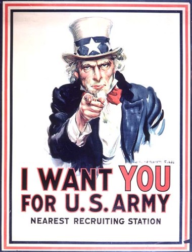 Uncle Sam Wants You, WWI Propaganda Poster for US Army recruits, Design by James Montgomery Flagg, 1916, image found at: Live Auctioneers